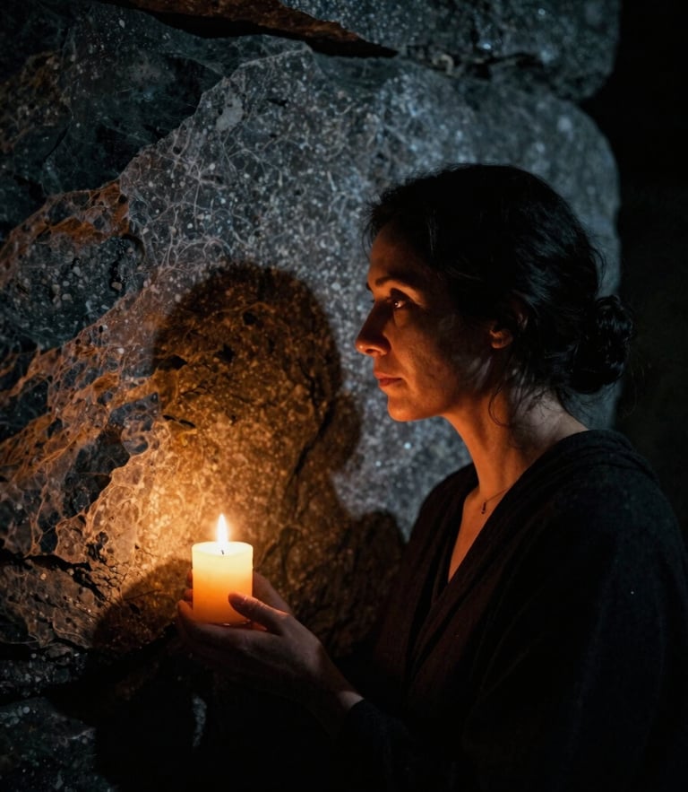Serene, shadowed portrait of a female spiritual guide in her 40s, low-key dramatic chiaroscuro lighting, warm amber candlelight illuminating her profile against cool basalt stone grey shadows, 35mm film.