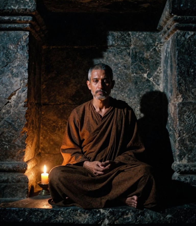 A serene, shadowed portrait of a spiritual guide in a stone temple chamber, warm candlelight casting deep chiaroscuro shadows, 35mm film