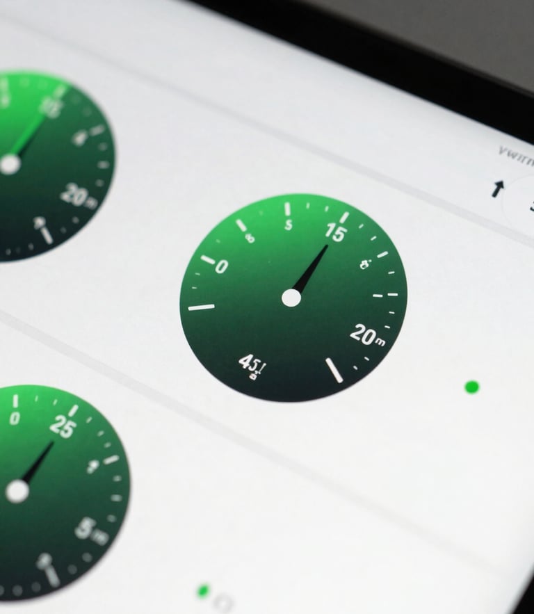 Close-up macro of a high-performance UI design screen showing speed metrics, clean studio lighting with emerald green glow, sharp focus, 35mm