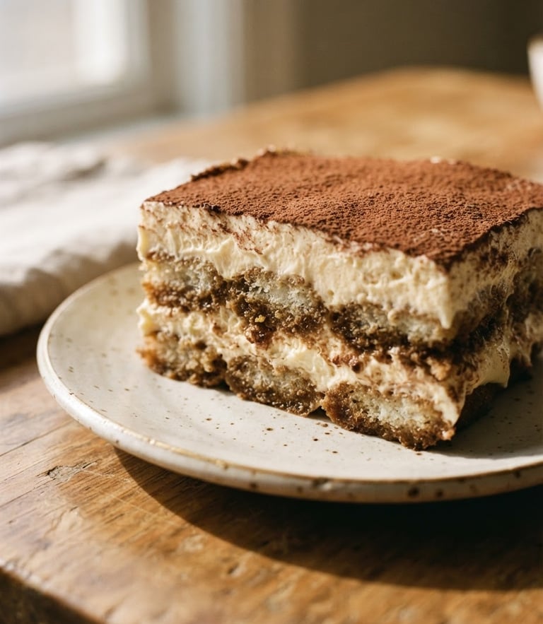 Close-up of a perfectly layered tiramisu on a ceramic plate, soft morning light casting long shadows on a warm cream tabletop, shallow depth of field, 35mm