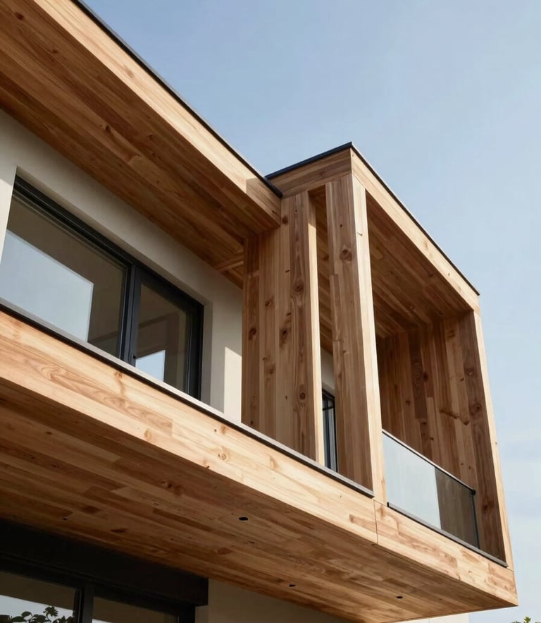 Low-angle architectural shot of a custom modern home framing against a bright natural daylight sky, clean timber lines, high-contrast shadows