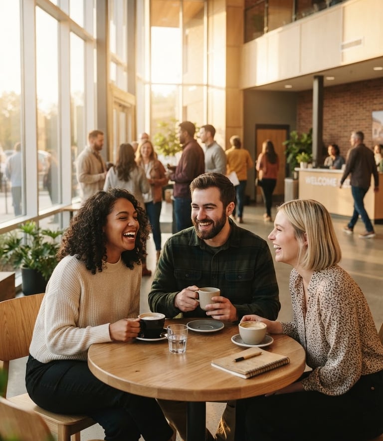 Warm editorial photography of a modern, sunlit church lobby with light wood tables, people laughing over coffee, soft golden-hour window light, shallow depth of field, 35mm