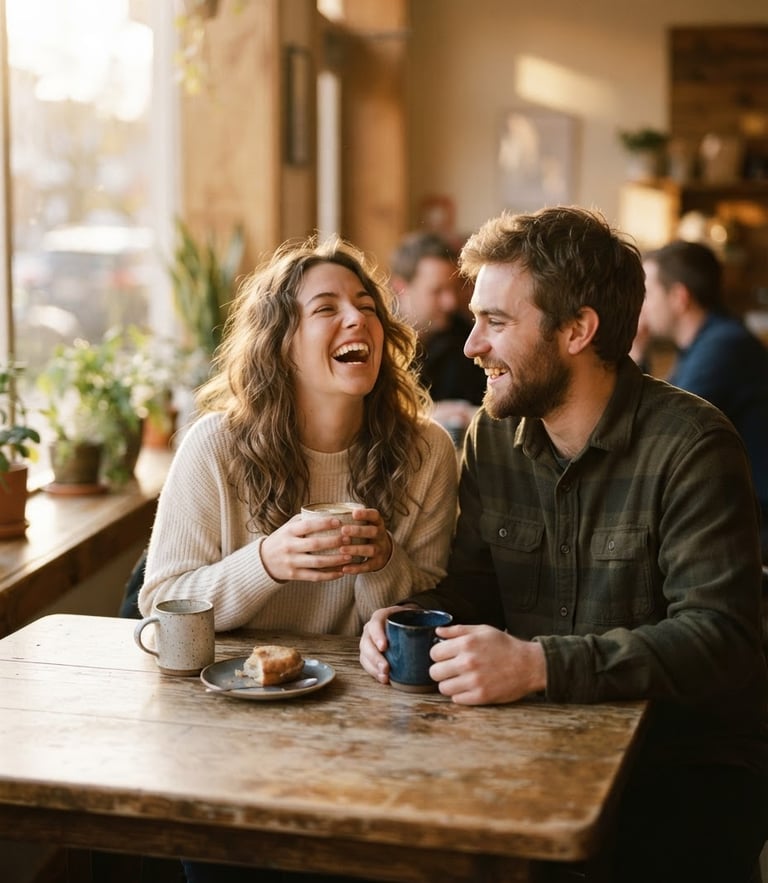 Candid medium shot of a young couple laughing around a rustic wooden table with coffee mugs, soft golden-hour window light, warm editorial style, shallow depth of field, 35mm