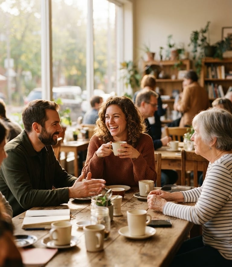 Warm morning light streaming through large windows of a community space, people sharing coffee around a wooden table, authentic candid, shallow depth of field, 35mm