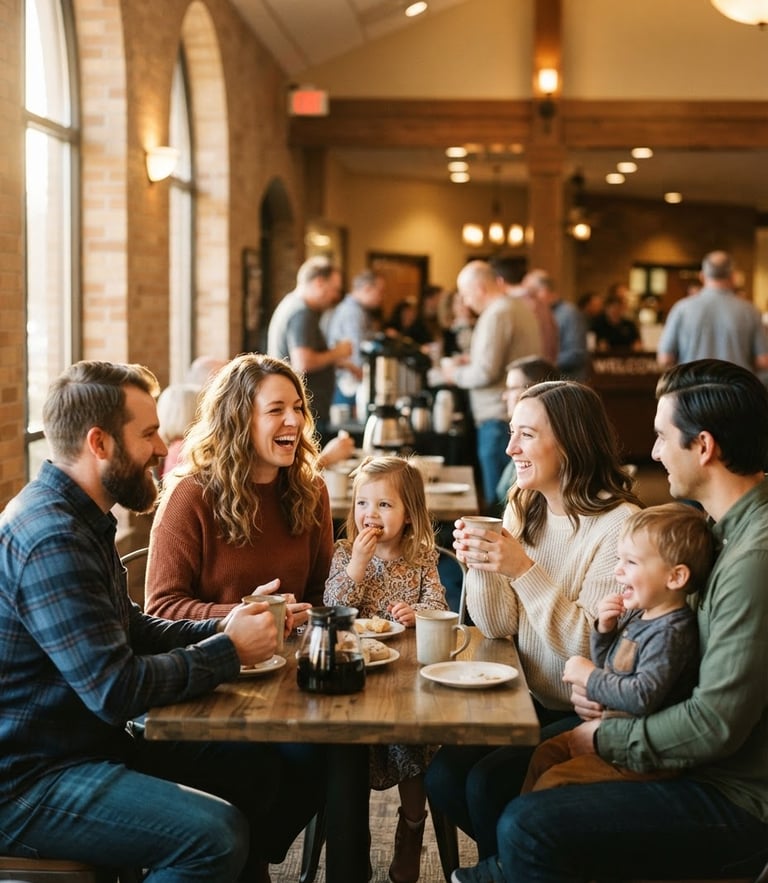Warm candid photo of young families talking over coffee in a sunlit church lobby, natural golden-hour window light, shallow depth of field