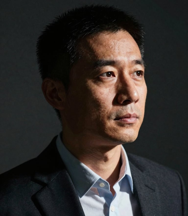 Close-up portrait of a thoughtful business professional, dramatic side-lighting, deep charcoal background, high contrast, 35mm film aesthetic