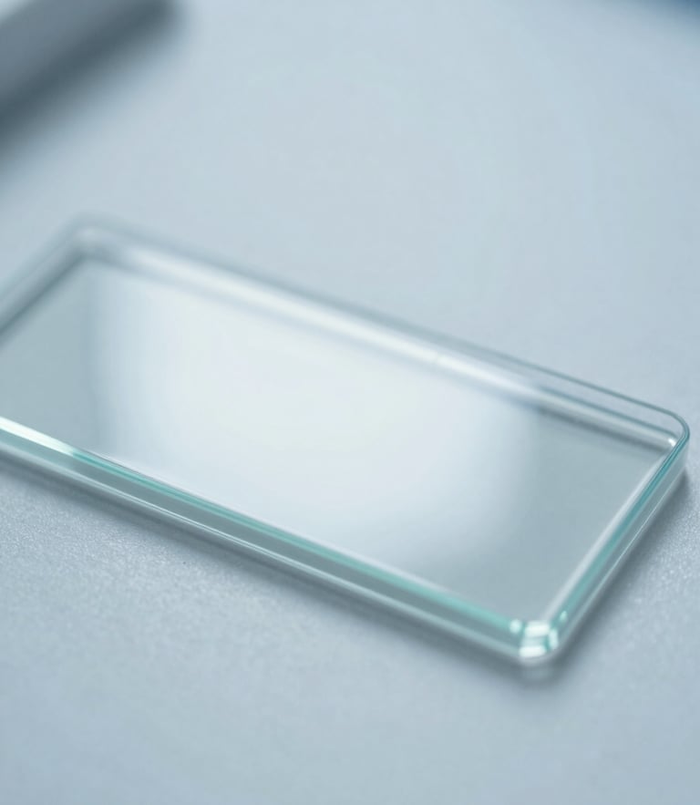 Macro close-up of a clean laboratory glass slide under cool, bright clinical daylight, desaturated medical blue tones, sharp focus, 35mm lens