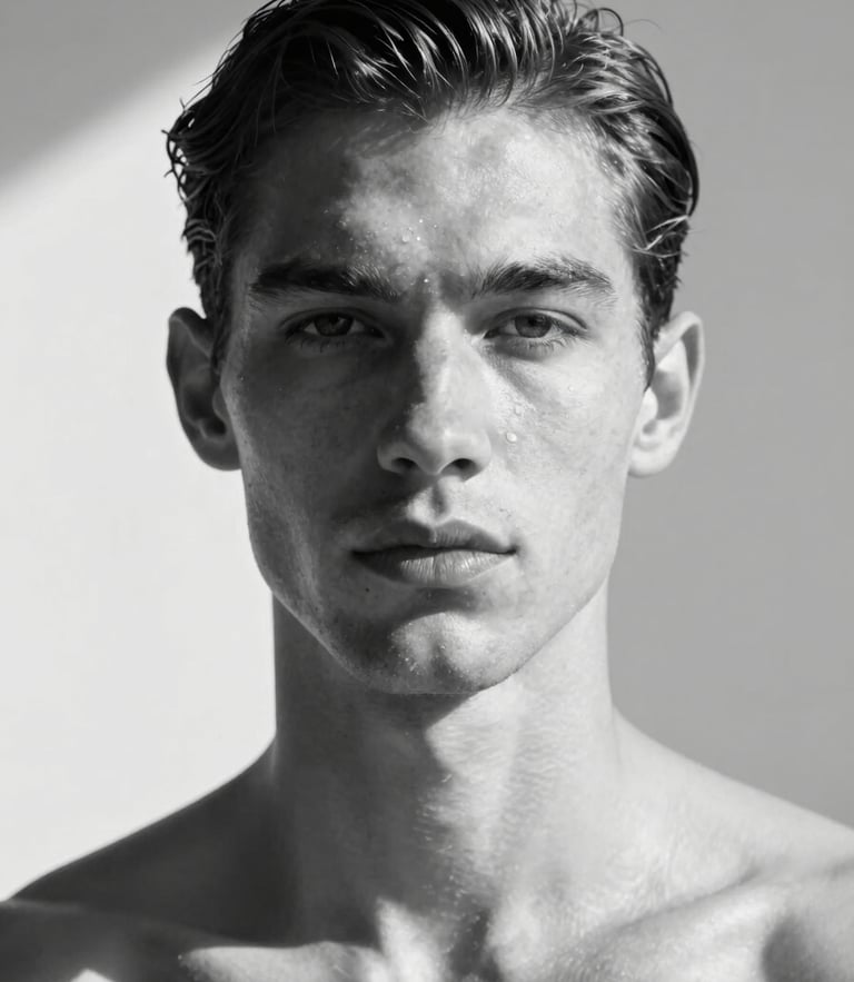 Stark high-contrast black and white portrait of a model with sharp, distinct bone structure, captured in harsh direct sunlight with deep shadows, raw casting card style, neutral expression, clean studio background.