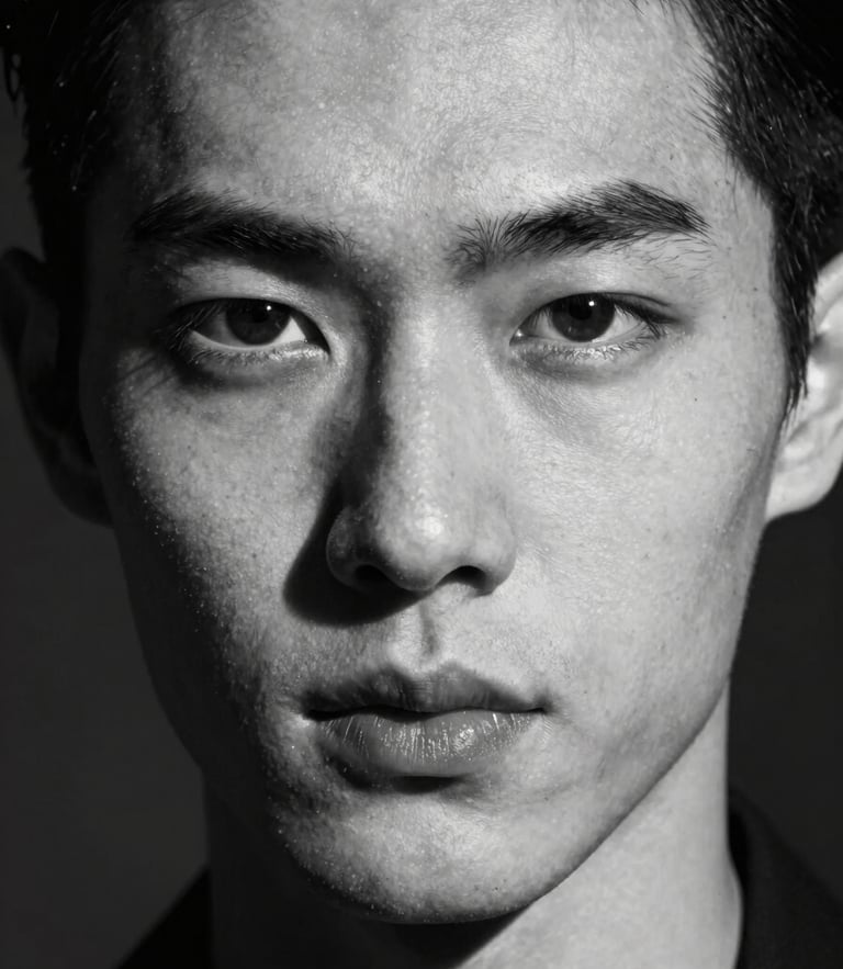 Stark black and white studio portrait of a model with sharp, angular facial features, harsh direct strobe lighting casting a deep shadow on one side, unretouched skin texture, neutral expression, extreme close-up.
