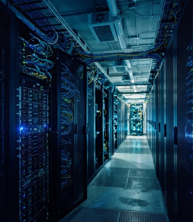 Abstract architectural lines of a secure modern data center, cool ambient blue and teal lighting, sharp focus, 35mm