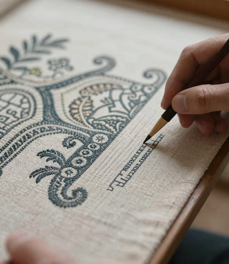 Macro photograph of a technician examining an intricate historic tapestry weave under diffused natural light, shallow depth of field, 35mm