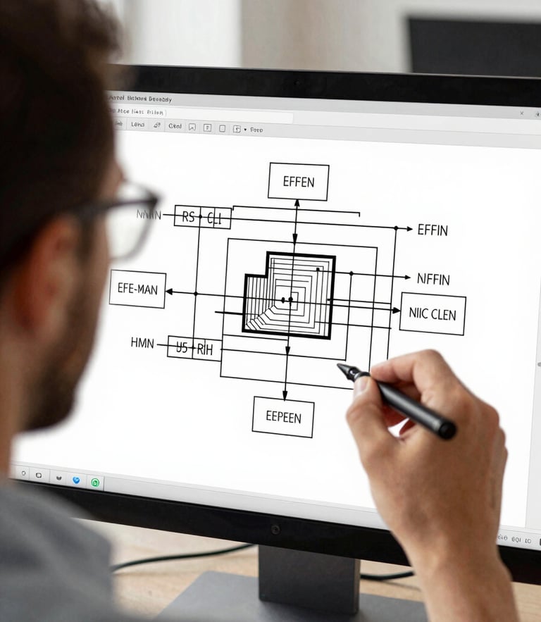 Macro over-the-shoulder perspective of an engineer analyzing a clean, high-contrast system architecture diagram on a monitor, neutral office daylight, sharp focus on blueprint lines.