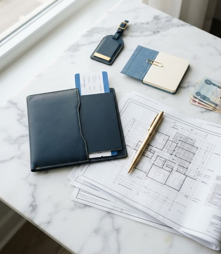 A sharp, professional overhead flat-lay of premium travel documents, a gold pen, and architectural blueprints on a clean marble surface, bright natural daylight