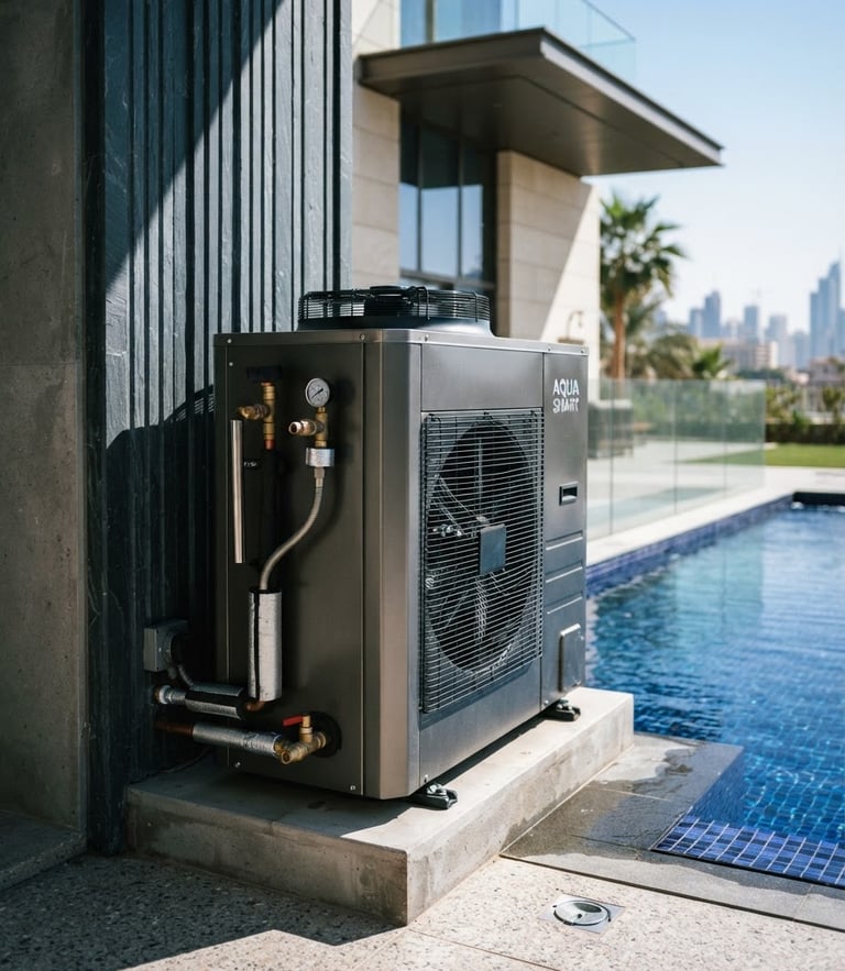 Close-up of a premium outdoor pool heat pump installation at a modern Dubai villa, sleek metallic casing, sharp architectural shadows, bright desert sunlight