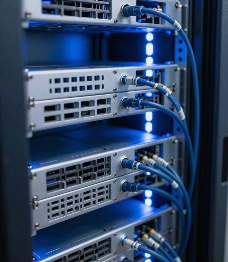 Macro shot of immaculate server rack cabling under cool blue LED light, sharp focus, technical precision.