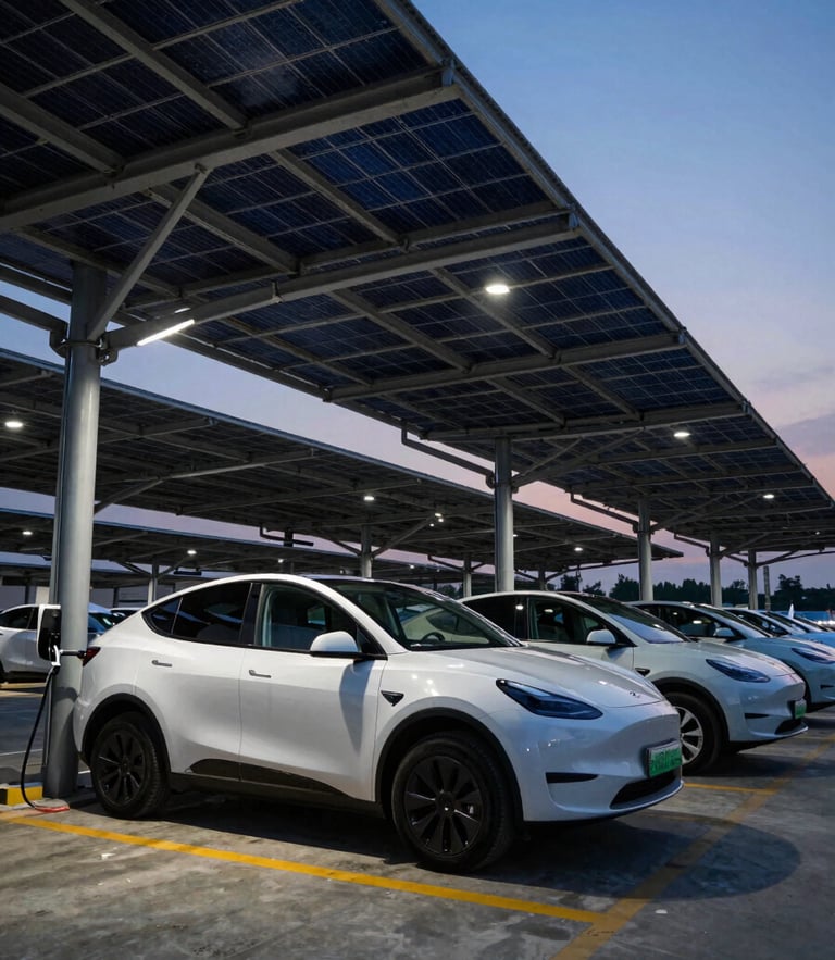Wide-angle environmental shot of a heavy-duty electric vehicle fleet charging under a massive industrial solar canopy at dusk, dramatic high-contrast lighting