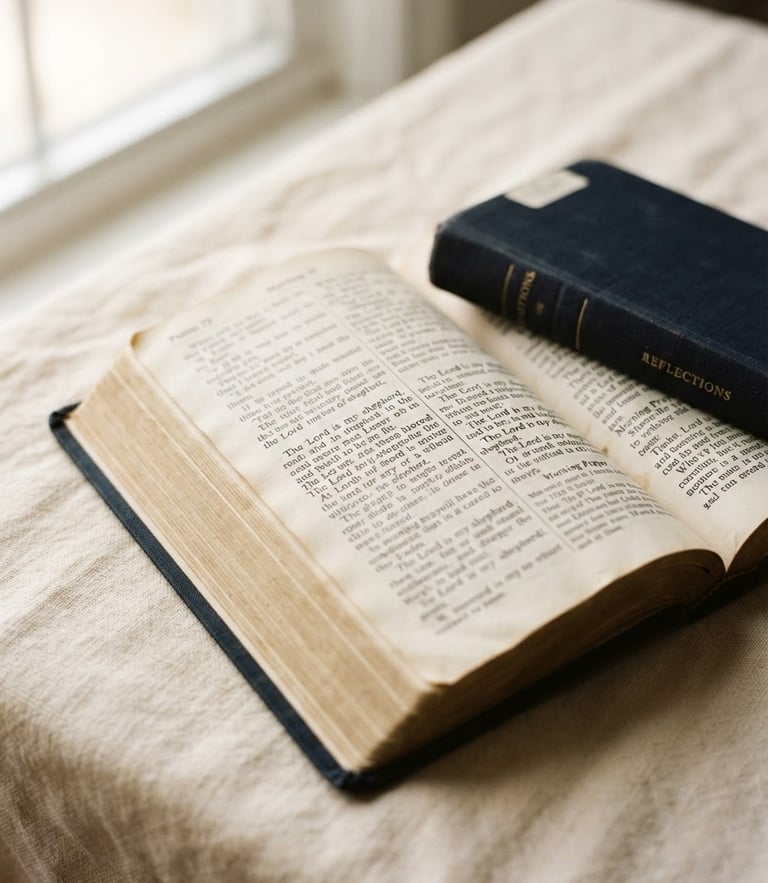 A close-up photograph of an open devotional book resting on a warm cream linen tablecloth, soft natural window light casting gentle shadows across the elegant serif typography.