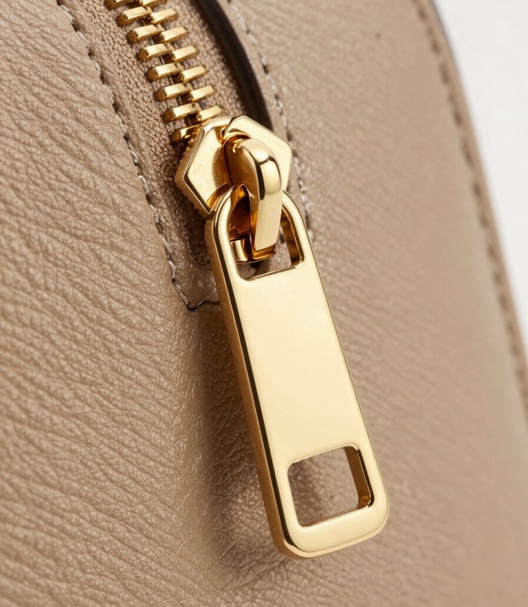 Extreme close-up of a custom gold-brushed metal zipper pull on a structured leather handbag, clean studio lighting, warm sand tones, sharp focus on metal textures.