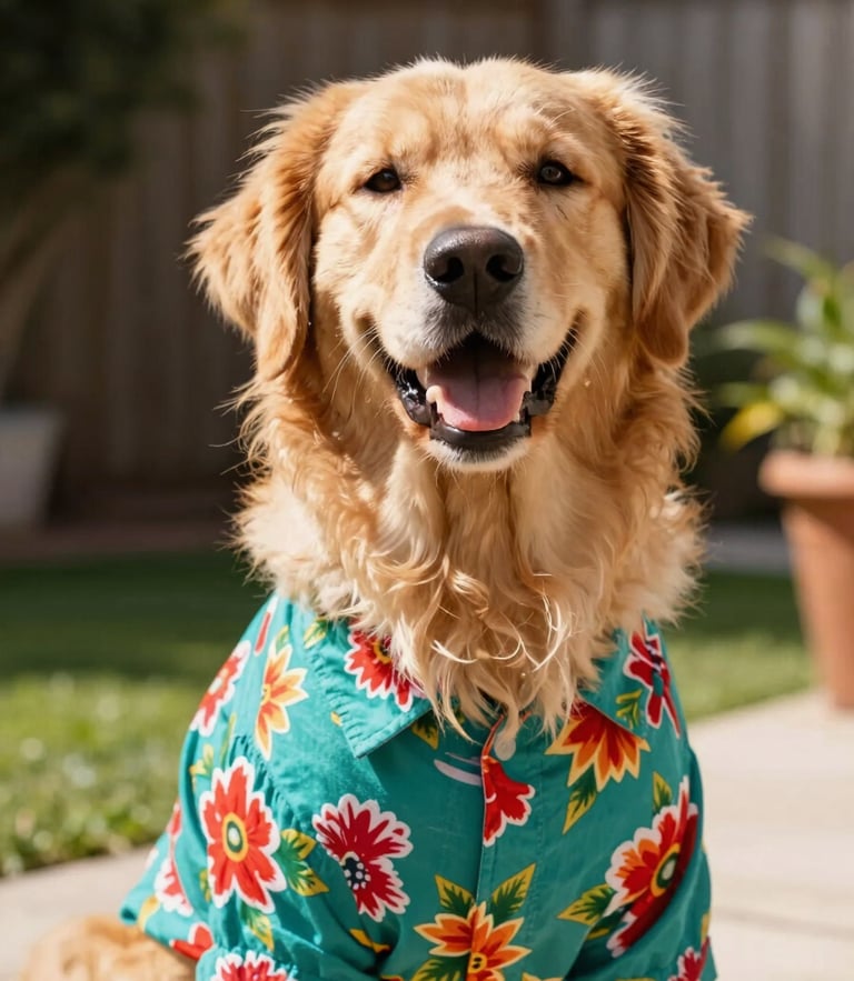 A happy fluffy golden retriever wearing a colorful custom-made teal Mexican floral shirt, sitting proudly in bright warm backyard sunlight, eye-level portrait, 35mm lens