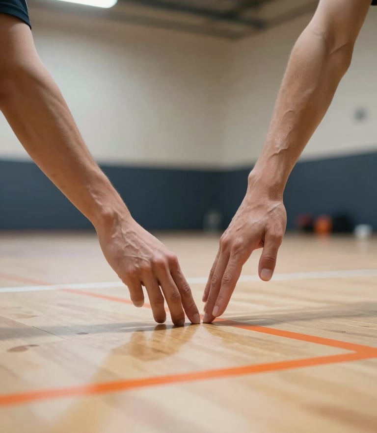 Low-angle dynamic shot of hands forming a clean passing platform on an indoor court, bright gym lighting, sharp orange lines.