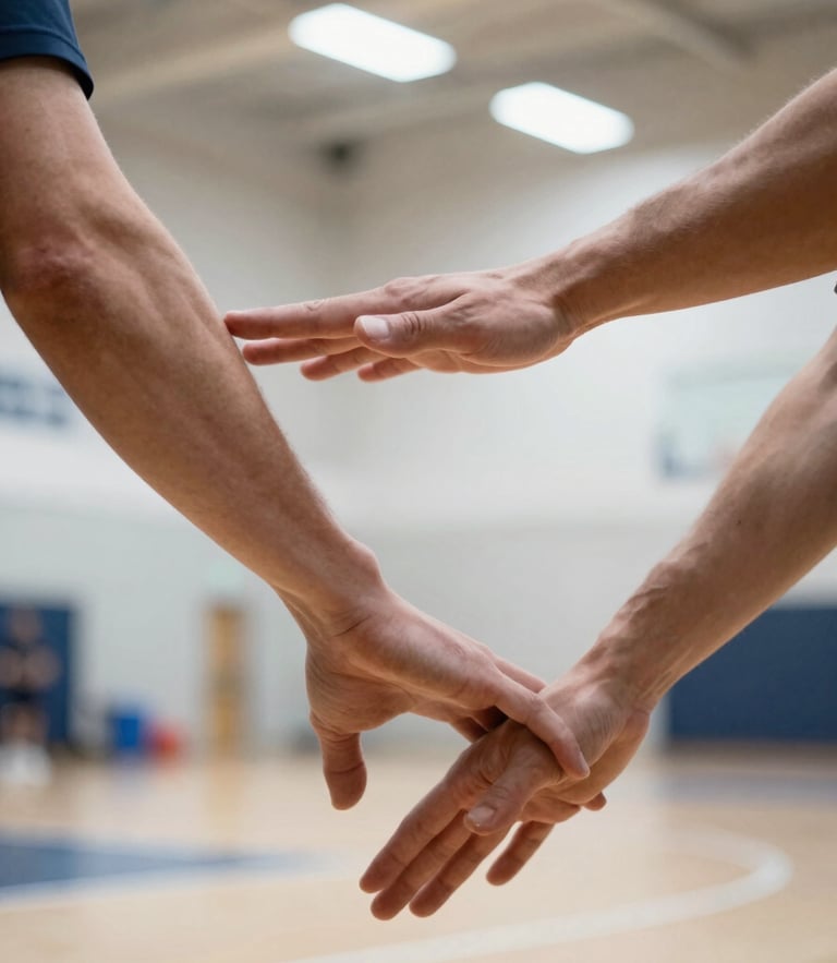 Dynamic low angle close-up of hands forming a perfect passing platform, bright indoor court lighting, crisp focus on the wrists and ball contact