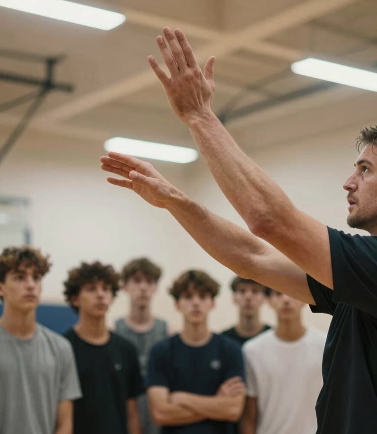 A dynamic low-angle shot of a coach's hands demonstrating a perfect passing platform to a group of attentive young players under bright gym lights.