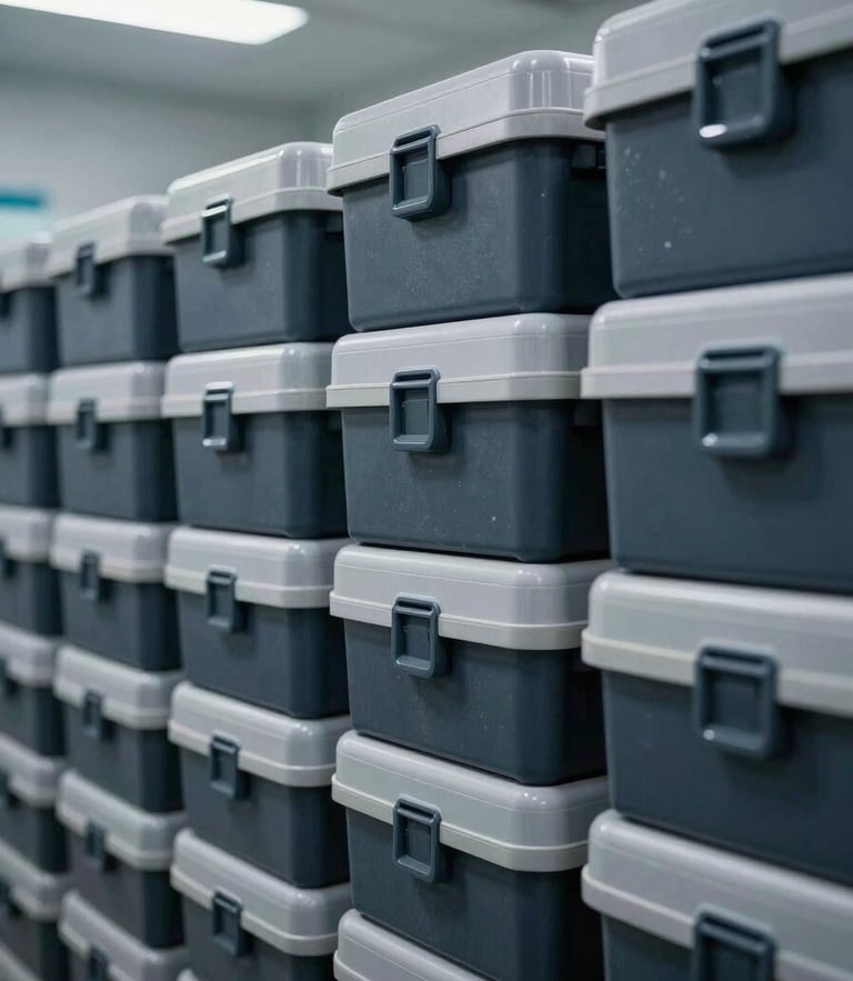 Sharp, perfectly level close-up of neatly organized, sterile medical equipment boxes stacked in a modern warehouse, cool industrial fluorescent lighting, high-contrast slate grey and deep navy tones.