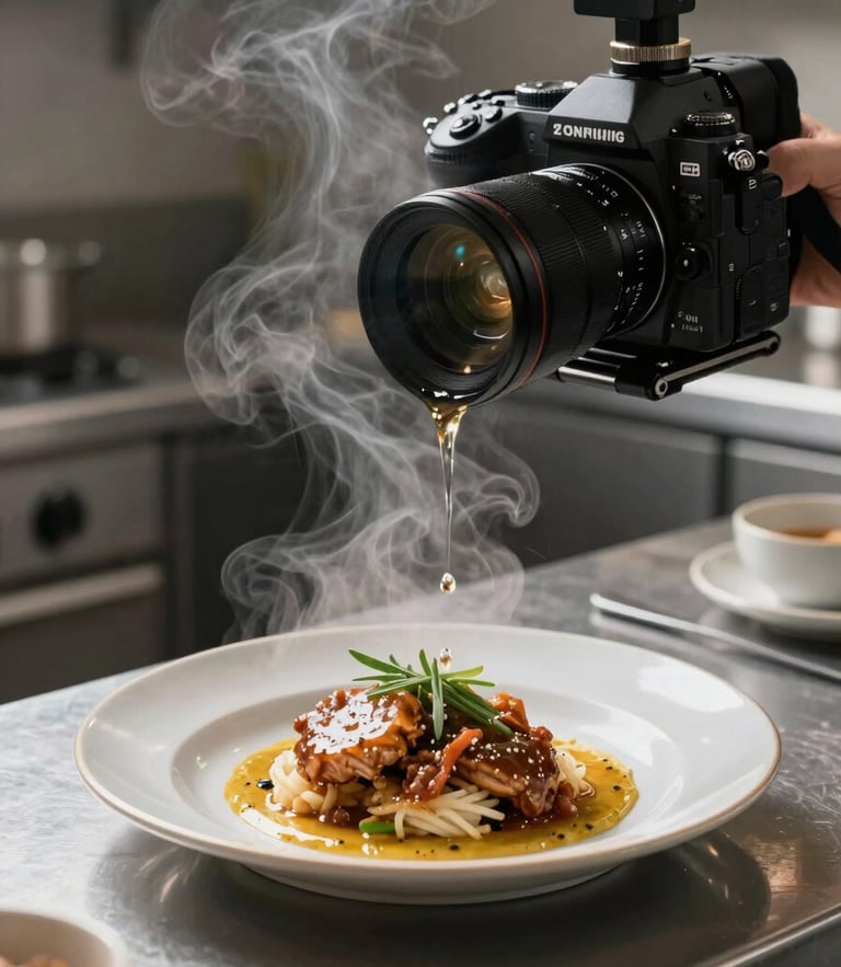 A camera rig capturing steam rising from a freshly plated dish on a stainless steel prep table in a dim kitchen.