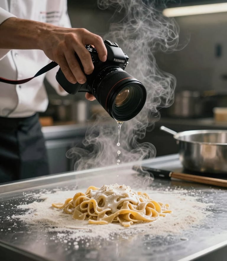 A professional camera capturing steam rising from a fresh pasta dish on a stainless steel counter, chef in active motion in the background, low-key moody Scandinavian lighting.