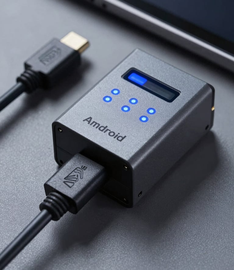Macro shot of a rugged Android tablet connected via industrial USB-C cable to a programmable logic controller, cool slate grey tones, signal blue status indicators.