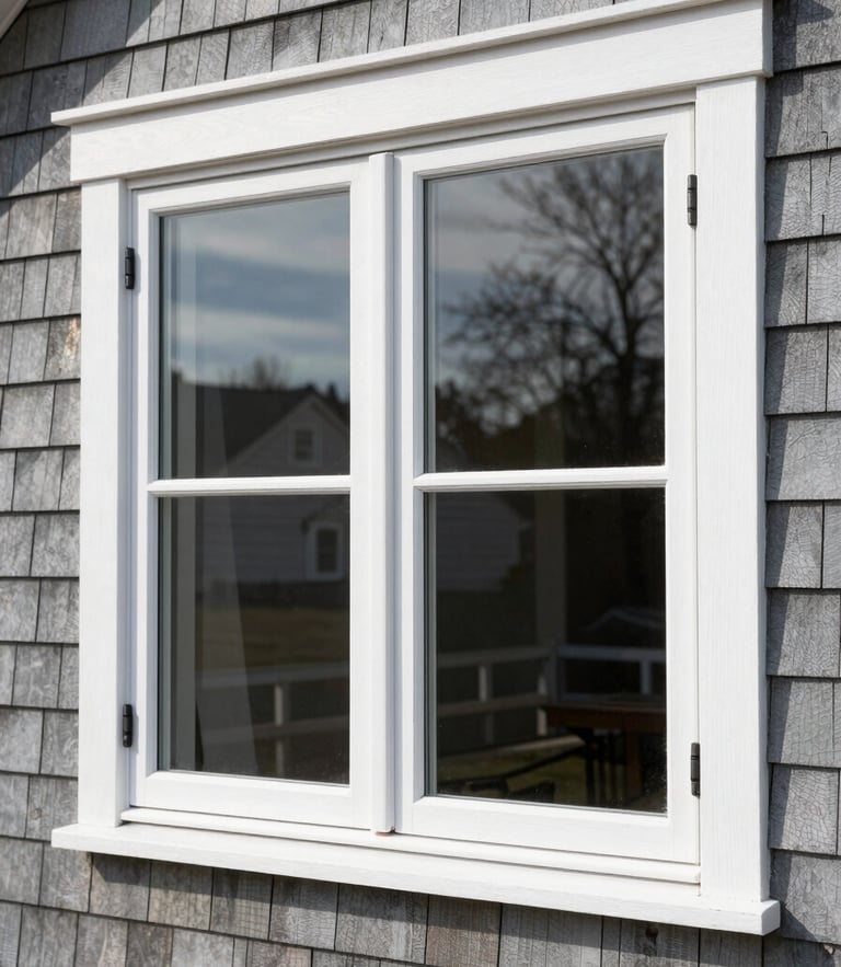 Close-up of a newly installed double-hung window frame on a gray shingle house, crisp white trim, bright natural New England morning light reflecting off the clean glass.