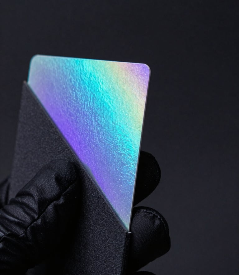 Extreme macro studio photograph of a pristine holographic card corner held by hands in matte-black sleeves, dramatic side-lit cyan and violet neon glow, deep obsidian background