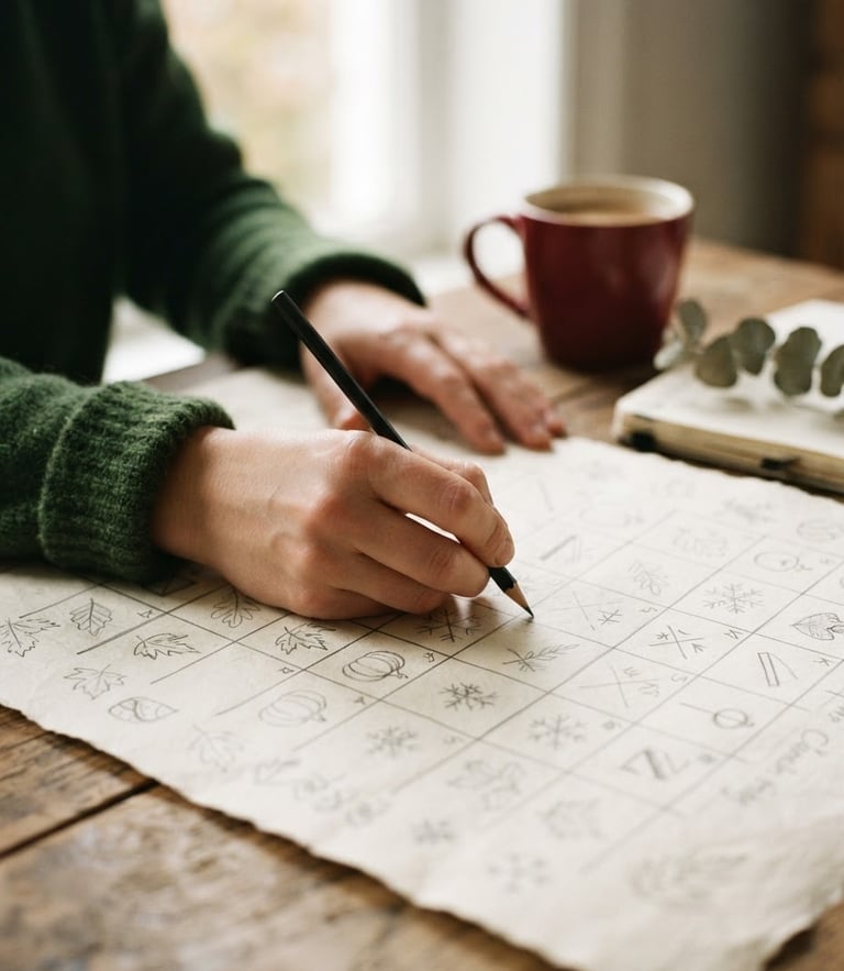 Close-up of hands sketching a seasonal content calendar on crisp parchment paper, soft Scandinavian window daylight, natural shadows, 35mm film