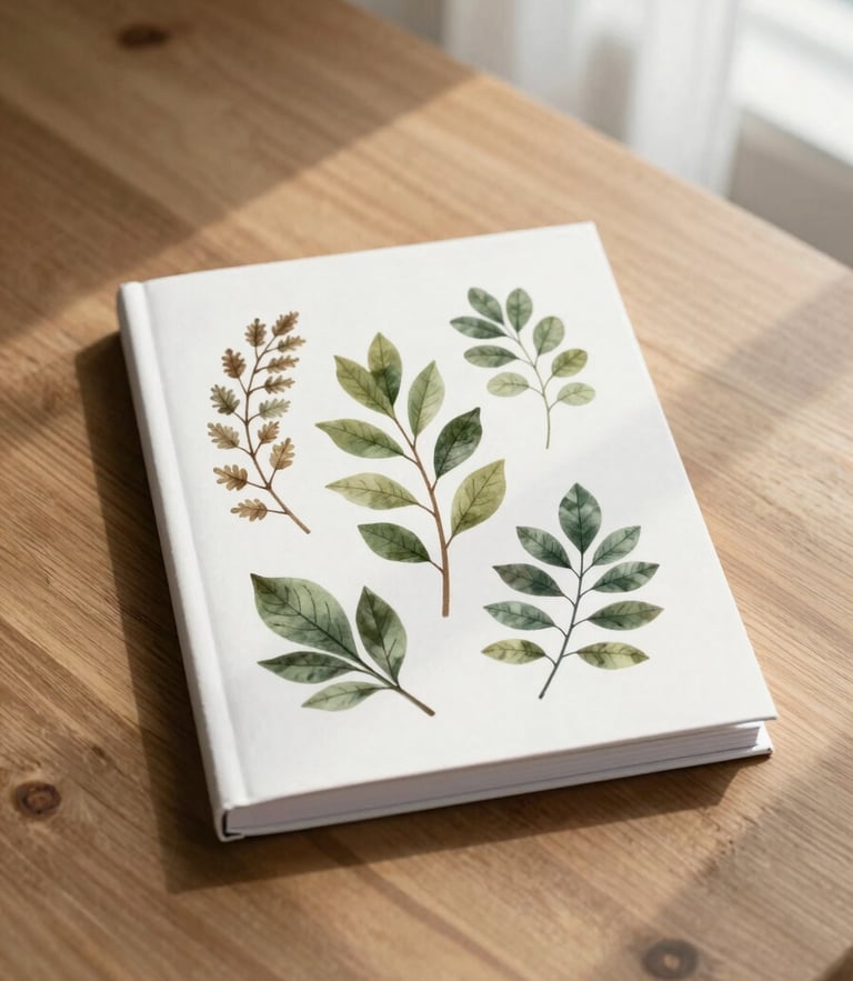 A clean, minimalist mockup of a digital e-book cover displaying botanical illustrations, placed on a warm wooden table with soft window light casting gentle shadows, organic editorial photography.