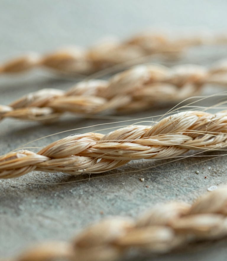 A close-up of natural flax fibers woven together, soft morning light, shallow depth of field, 35mm