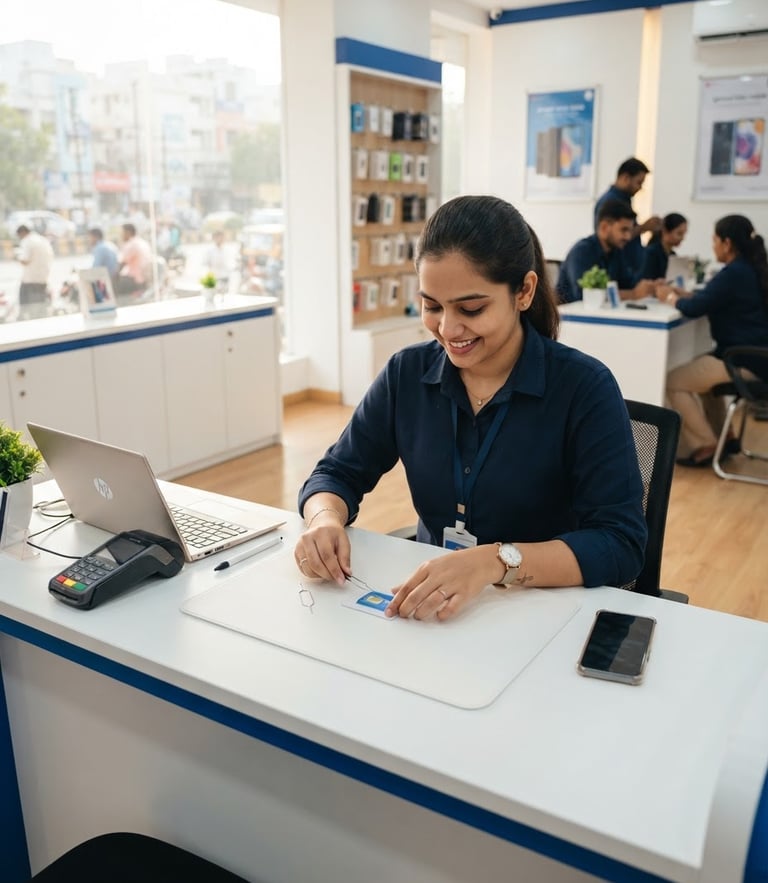 Eye-level medium shot of a bright, organized Guntur telecom office interior, clean white counters with blue accents, a certified specialist preparing a SIM card on a clean surface, warm natural daylight, 35mm lens.