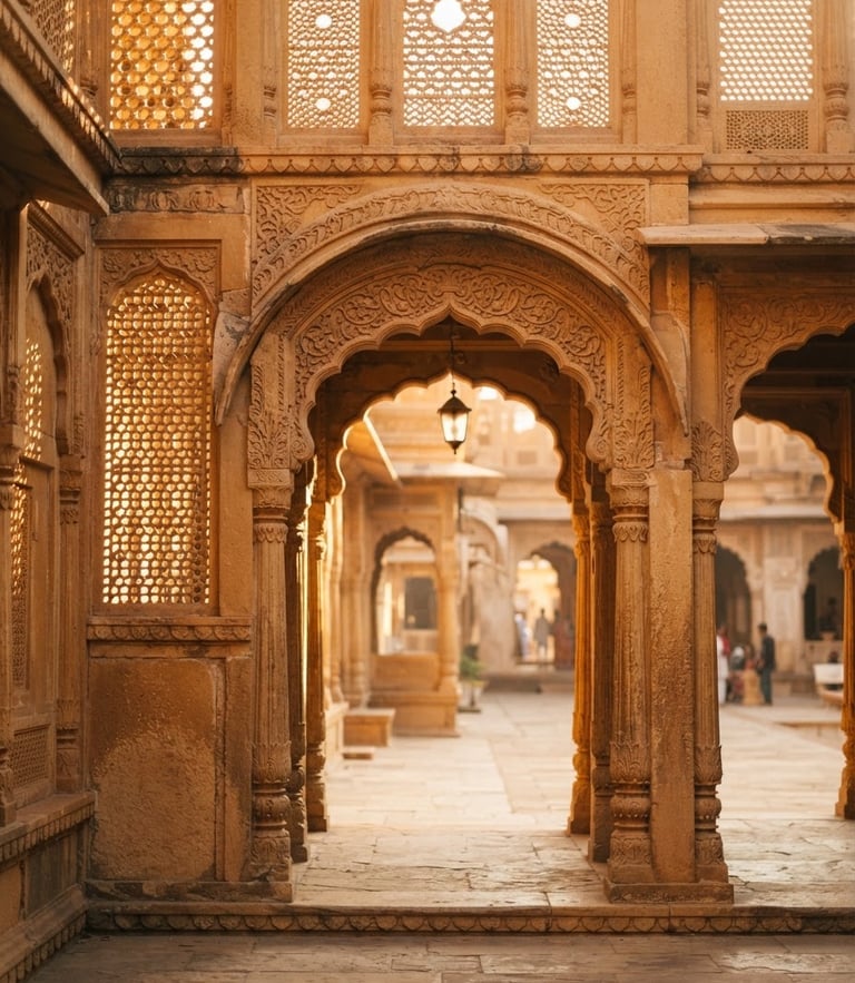 Sun-drenched architectural archway of a Rajasthani palace, golden-hour morning light filtering through stone jali screens, warm sandstone textures, soft depth of field, 35mm