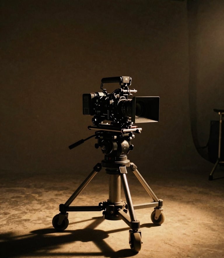 Moody low-key cinematic photography of a high-end camera rig on a dolly in a dimly lit studio, single dramatic golden-hour light source casting deep shadows, 35mm grain