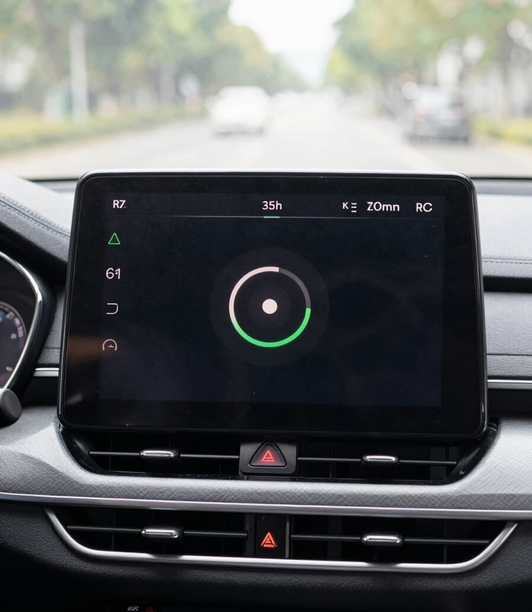 Straight-on close-up of a car dashboard screen showing a connection loading circle, bright natural daylight, clean dashboard texture
