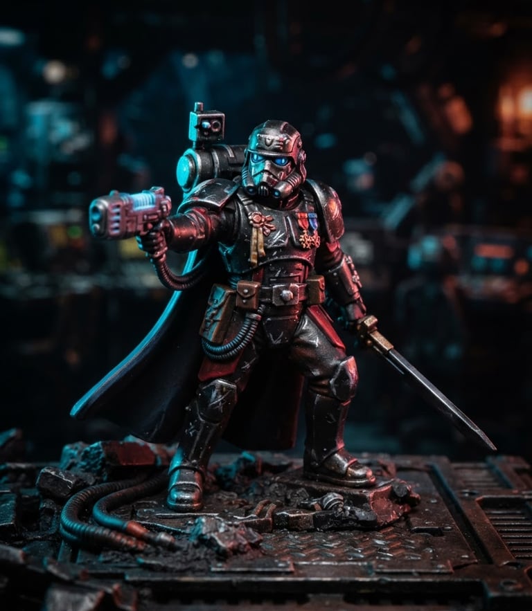 macro studio photography, dramatic high-contrast lighting, colorful rim light, dark moody background, ultra-sharp detail, shallow depth of field of a painted sci-fi commander miniature