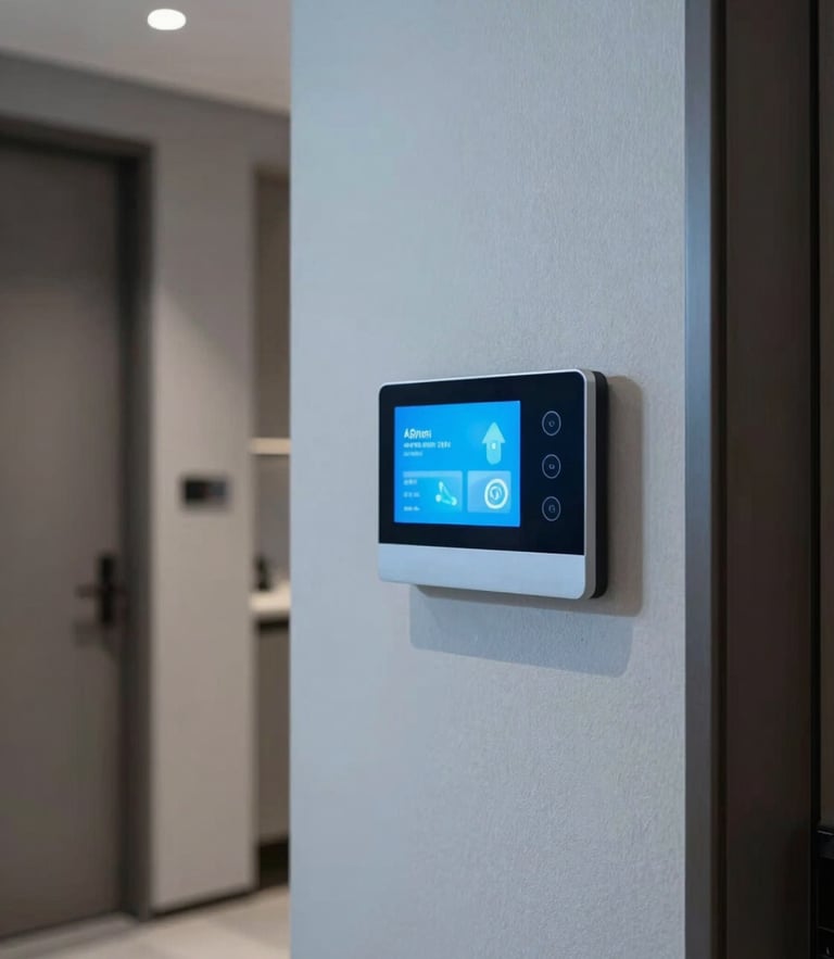 Crisp architectural photography of a modern residential hallway with a sleek wall-mounted smart home control panel, cool interior lighting, desaturated blue tones, sharp focus, 35mm.