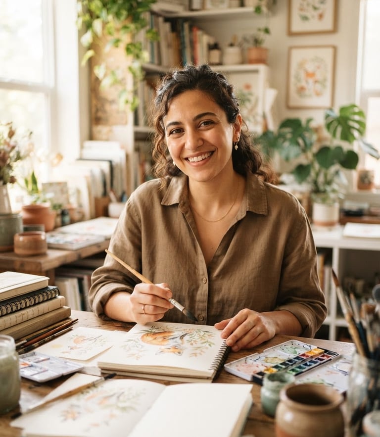 A warm, sunlit portrait of children's author Selena Leylazi in her art studio, holding a watercolor brush, surrounded by soft paper textures and delicate sketchbooks, soft natural daylight, shallow depth of field