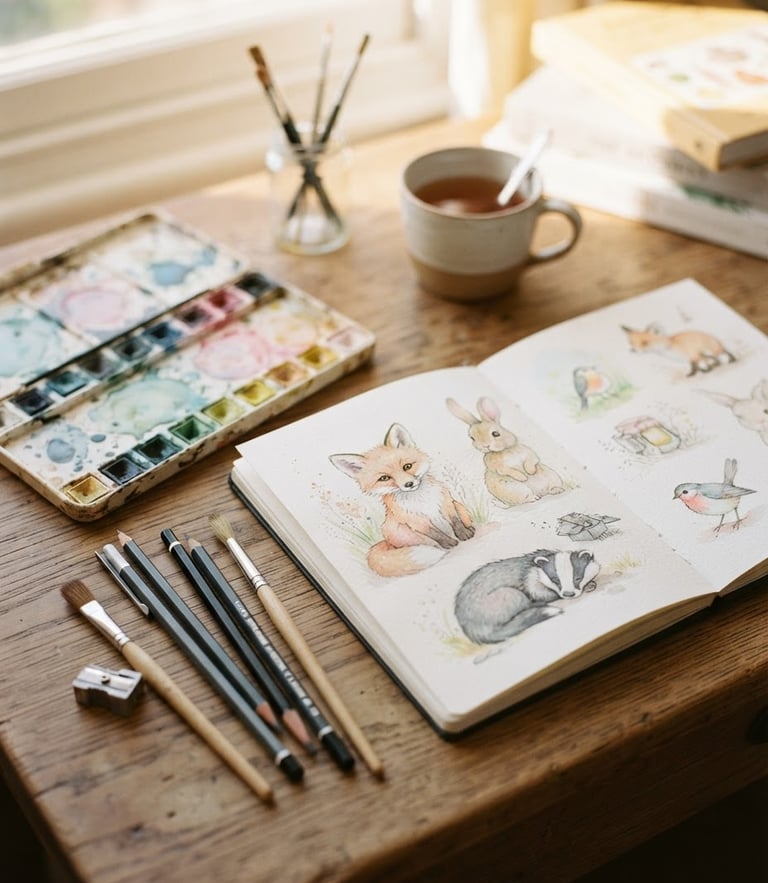Warm editorial photograph of a sunlit wooden desk with watercolor palettes, soft pencils, and delicate sketches of whimsical animals, shallow depth of field