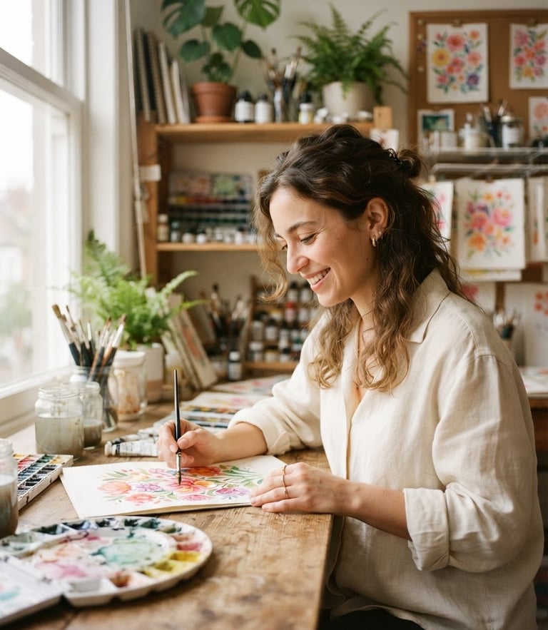 Candid portrait of illustrator Selena Leylazi in her sunlit studio, holding a watercolor brush, soft natural daylight, warm pastel tones, shallow depth of field