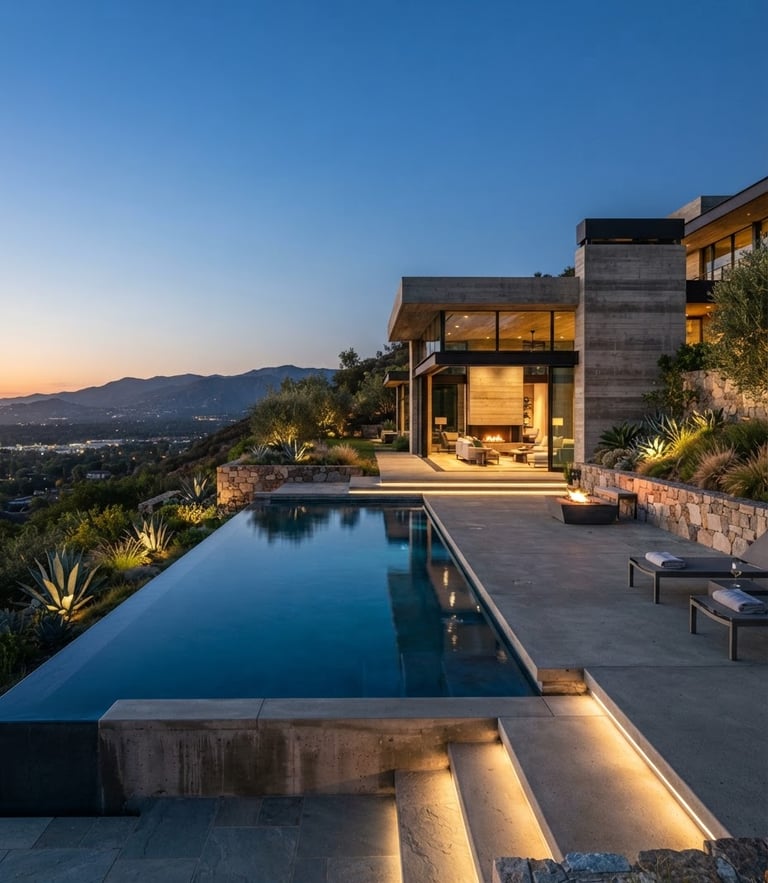 Architectural concrete pool integrated with a modern hillside residence at twilight, clean structural lines, soft landscape lighting, environmental photography