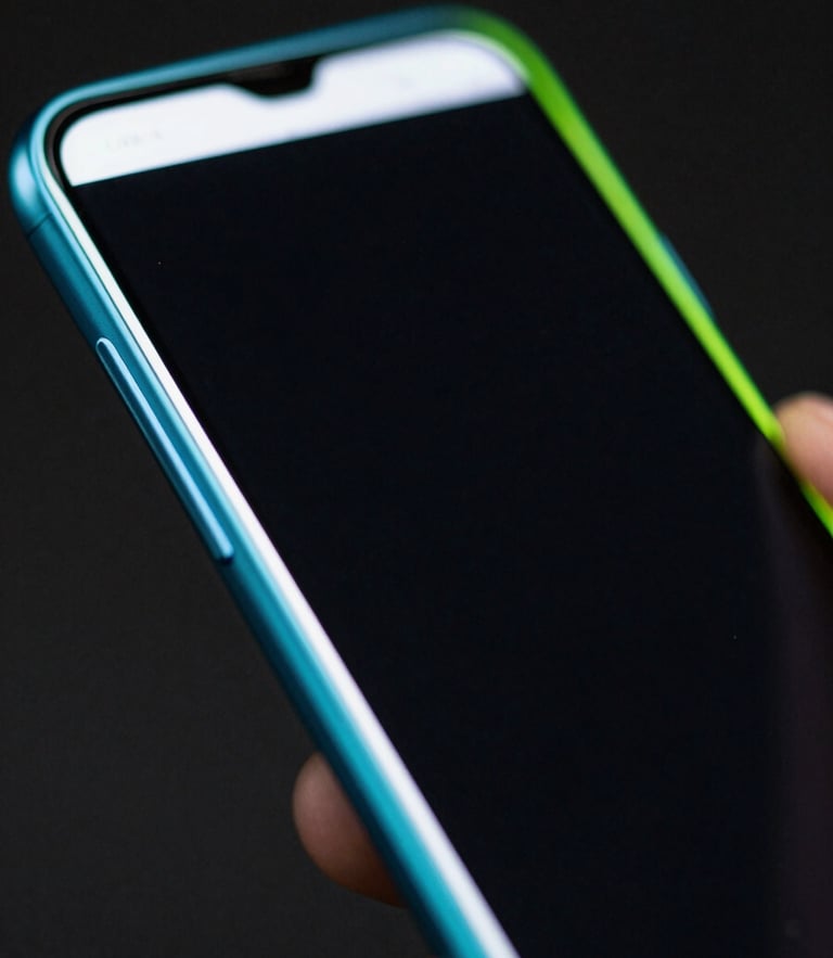 Extreme close-up macro shot of a physical Android screen showing a high-contrast terminal interface, sharp cyan and neon green edge-lights reflecting off matte metal borders, dark low-key studio lighting.