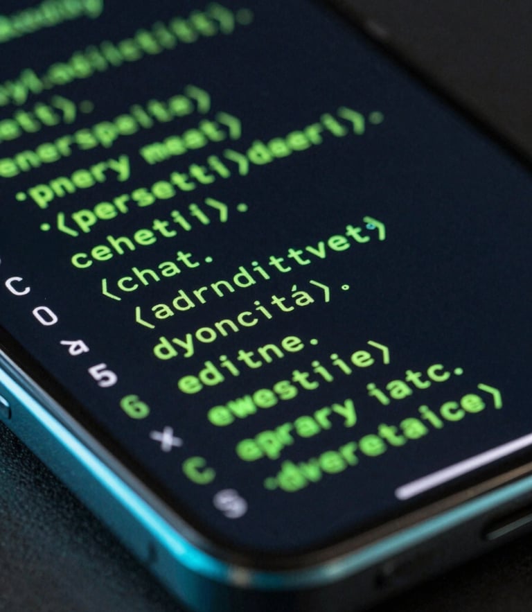 Extreme close-up macro shot of a physical Android smartphone screen displaying a dense code-terminal interface with neon green typography, low-key dramatic studio lighting with cyan edge-lights reflecting off the matte metal chassis.