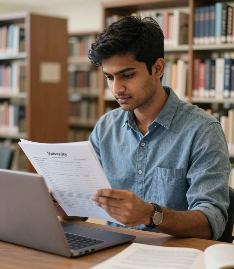 A medium shot of an Indian student in a bright, daylight-filled library, focused on comparing university data sheets on a laptop, clean and organized study environment.