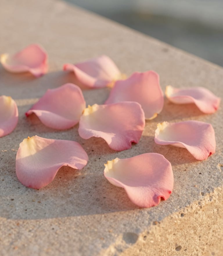 Close-up of fresh rose petals on a sun-drenched stone counter, warm golden-hour light, soft pink tones, 35mm photography