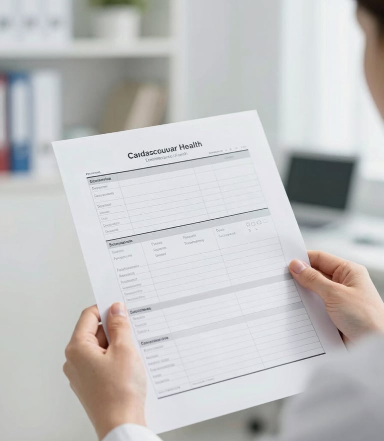 Hands holding a crisp, clean printed cardiovascular health report in a bright, modern clinic under soft indirect daylight, shallow depth of field
